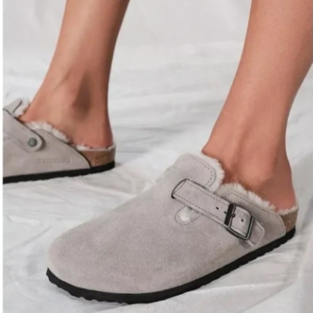 New Birkenstock Boston Shearling Clogs Suede Shoes in Stone Coin US 7 / EUR 38